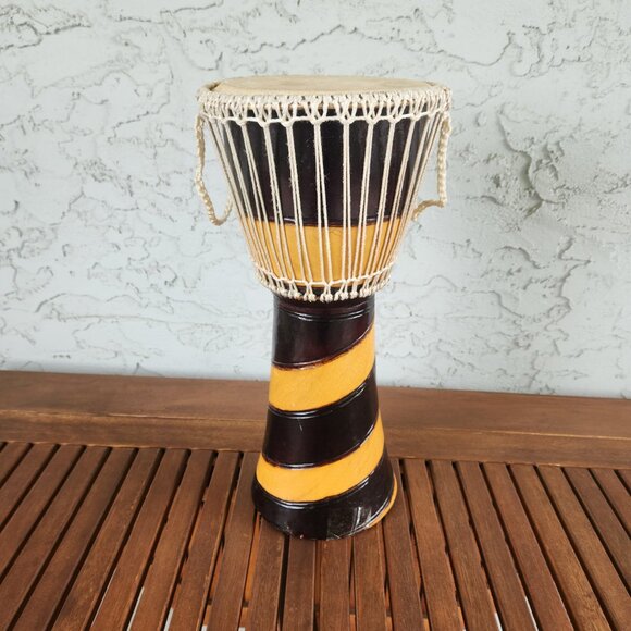 Hand-Carved African Djembe Drum | 15"H Goat Skin | Vintage Artisan Hand Drum - Picture 1 of 6